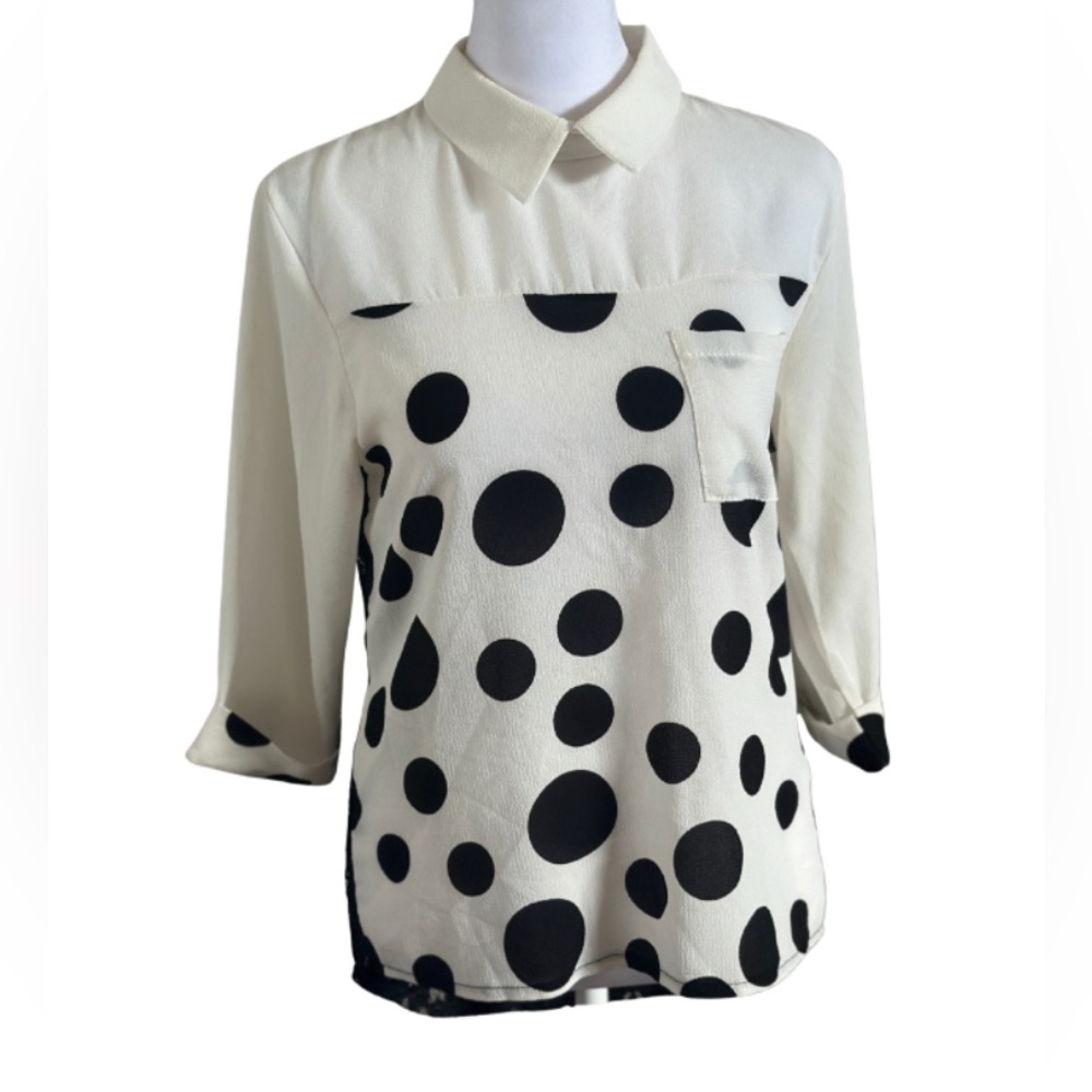 Women’s White Polka Dot Blouse with Black Lace Back